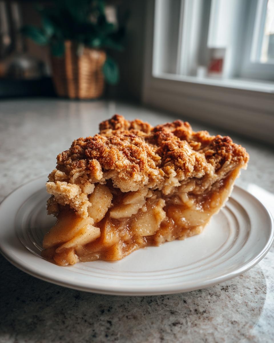 A close-up shot of a generous slice of apple crumble on a white plate, showing tender spiced apples and a golden, crunchy topping.