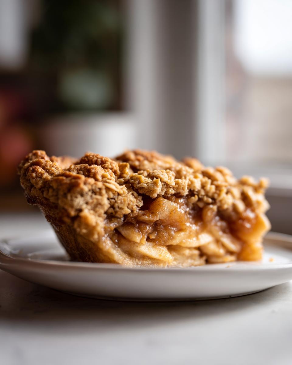 Close-up of a perfect slice of apple crumble showing gooey spiced apples and a thick, crunchy topping.