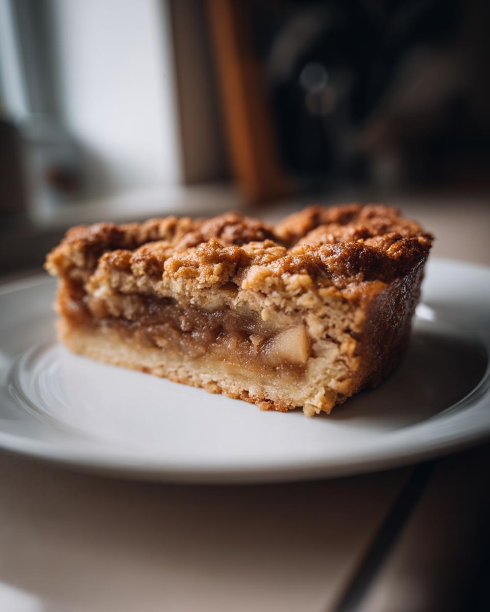 Close-up of a perfectly baked slice of apple crumble showing a thick, gooey apple filling and crunchy topping.