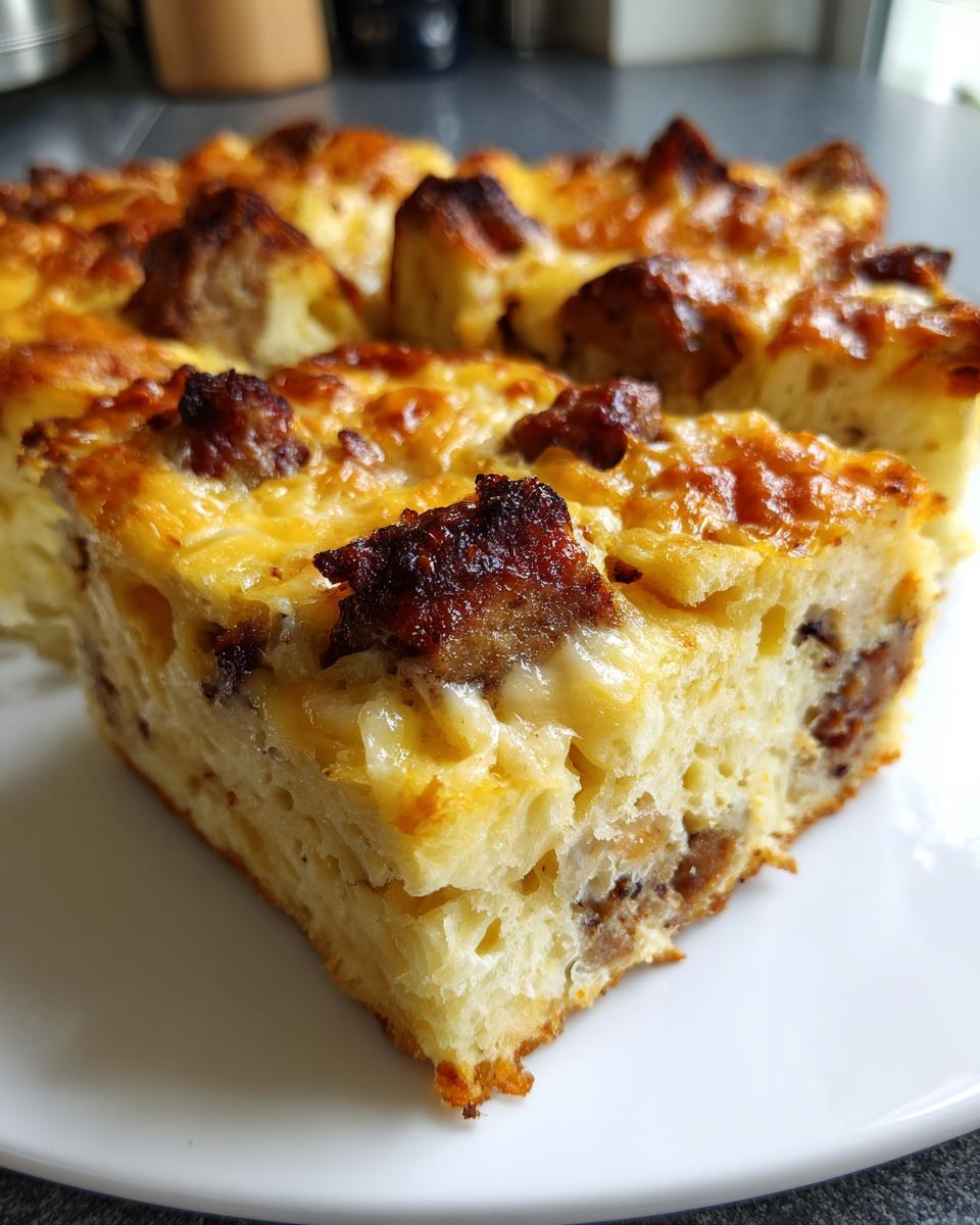 A thick slice of savory Christmas breakfast casserole with browned sausage and melted cheese topping.
