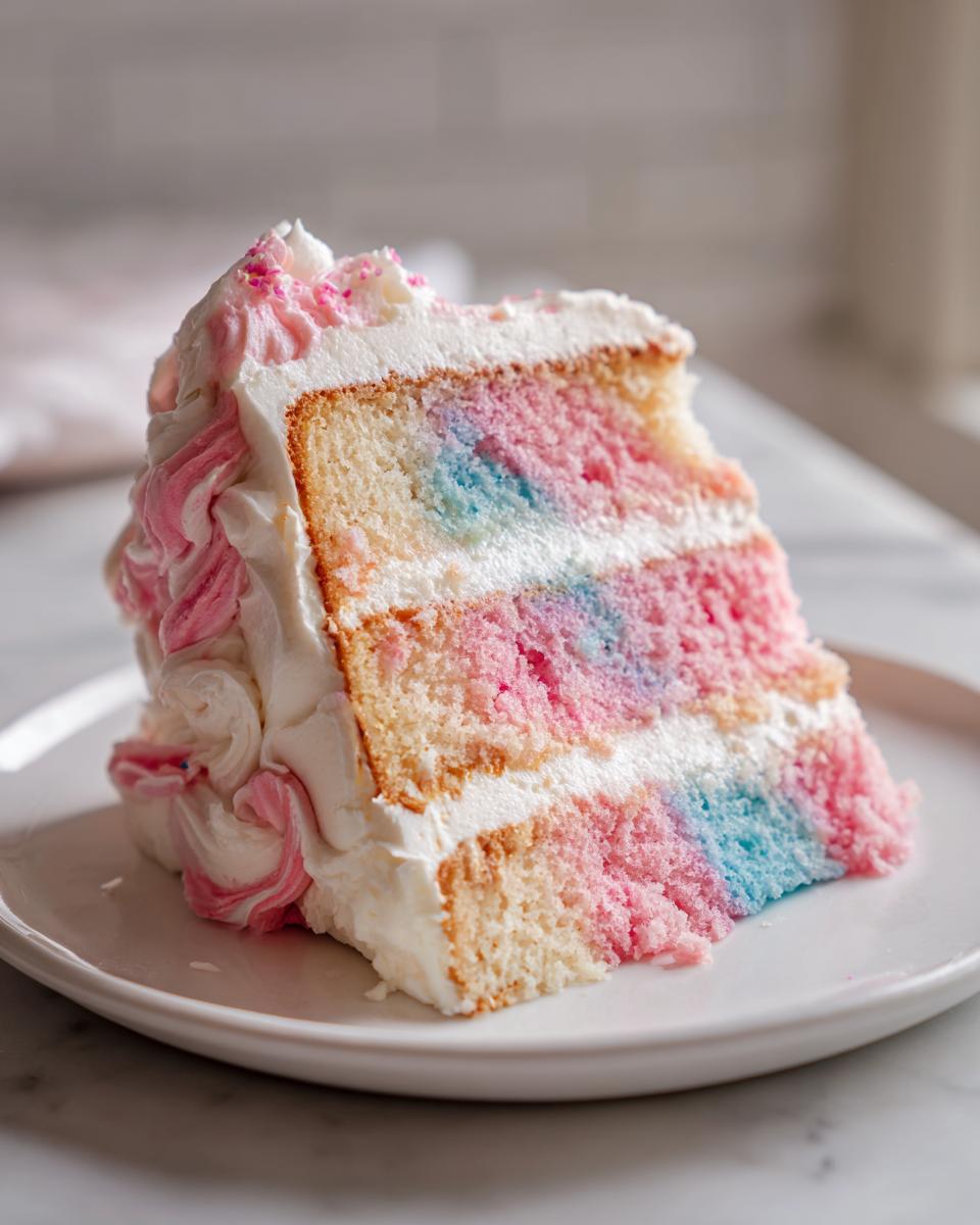 A tall slice of cotton candy cake showing three colorful layers (pink and blue swirls) between white frosting layers, served on a white plate.