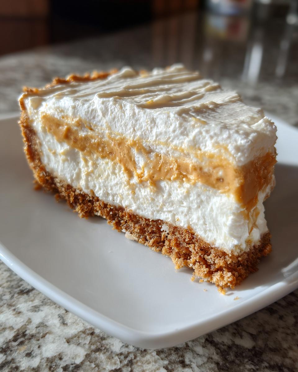 A thick slice of no-bake peanut butter pie showing layers of graham cracker crust, peanut butter filling, and whipped topping.