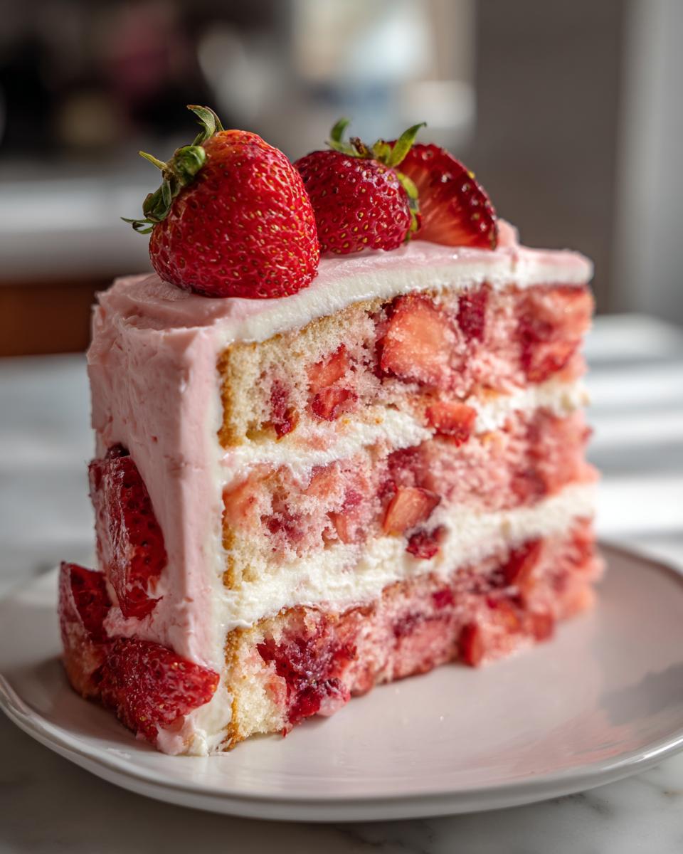 Close-up of a moist slice of strawberry cake with layers of cake, cream, and fresh strawberries on top.