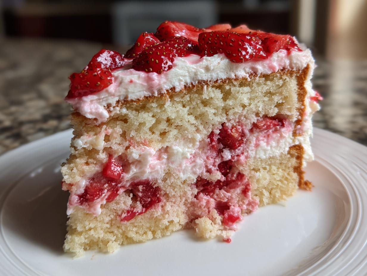 Close-up of a moist slice of strawberry cake with layers of vanilla sponge, cream, and fresh strawberries.