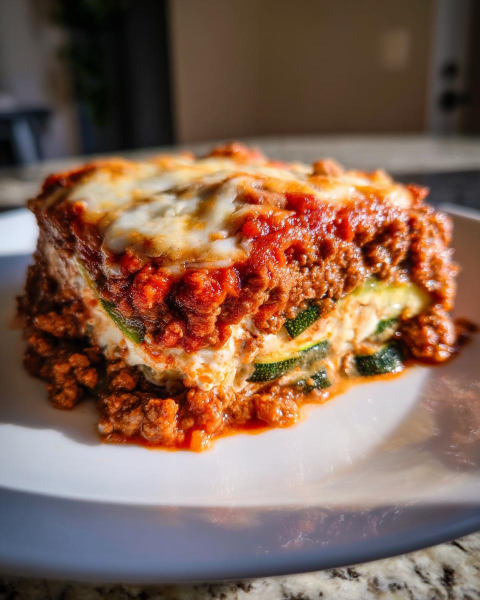 A close-up, appetizing slice of zucchini lasagna layered with meat sauce and melted cheese.