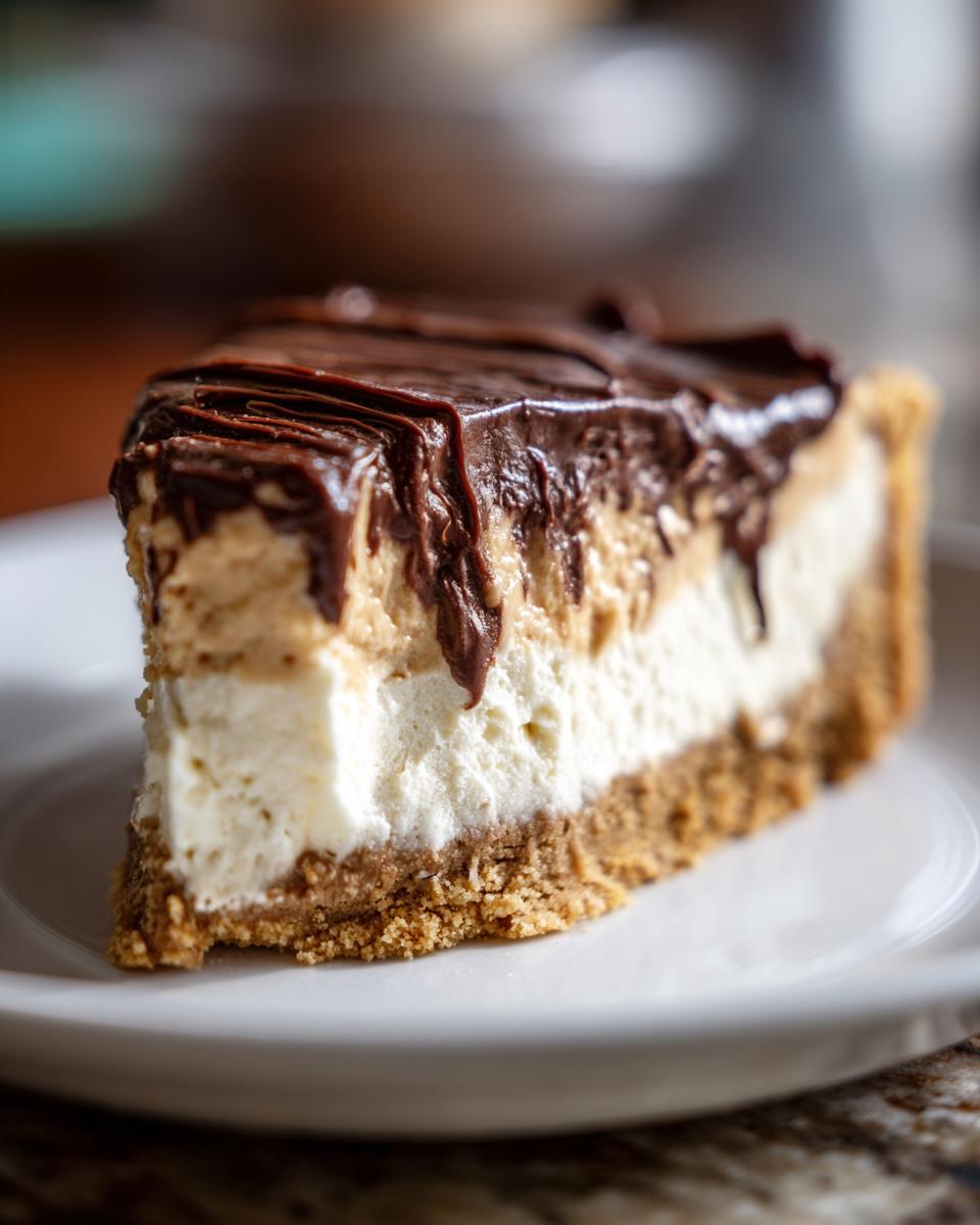 Close-up of a decadent slice of peanut butter pie showing graham cracker crust, white filling, peanut butter layer, and chocolate topping.
