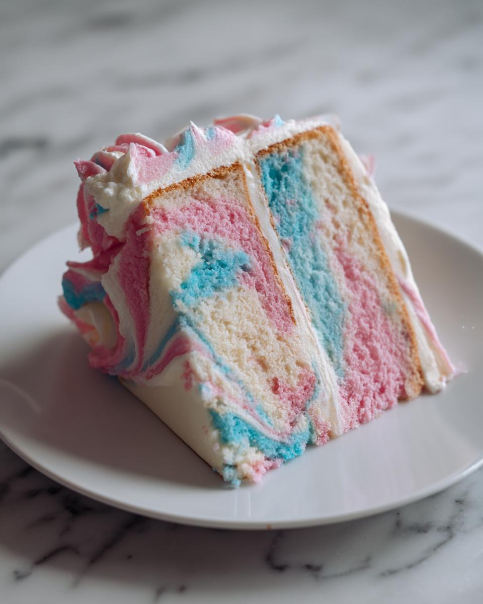 A slice of fluffy cotton candy cake featuring pink, blue, and white marbled layers with white frosting.