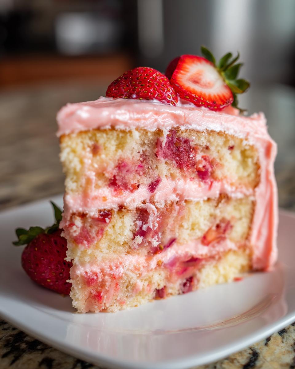 A moist slice of strawberry cake with pink frosting and fresh strawberries on top, ready to eat.