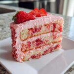 A tall slice of strawberry cake with pink frosting and fresh strawberries on top.