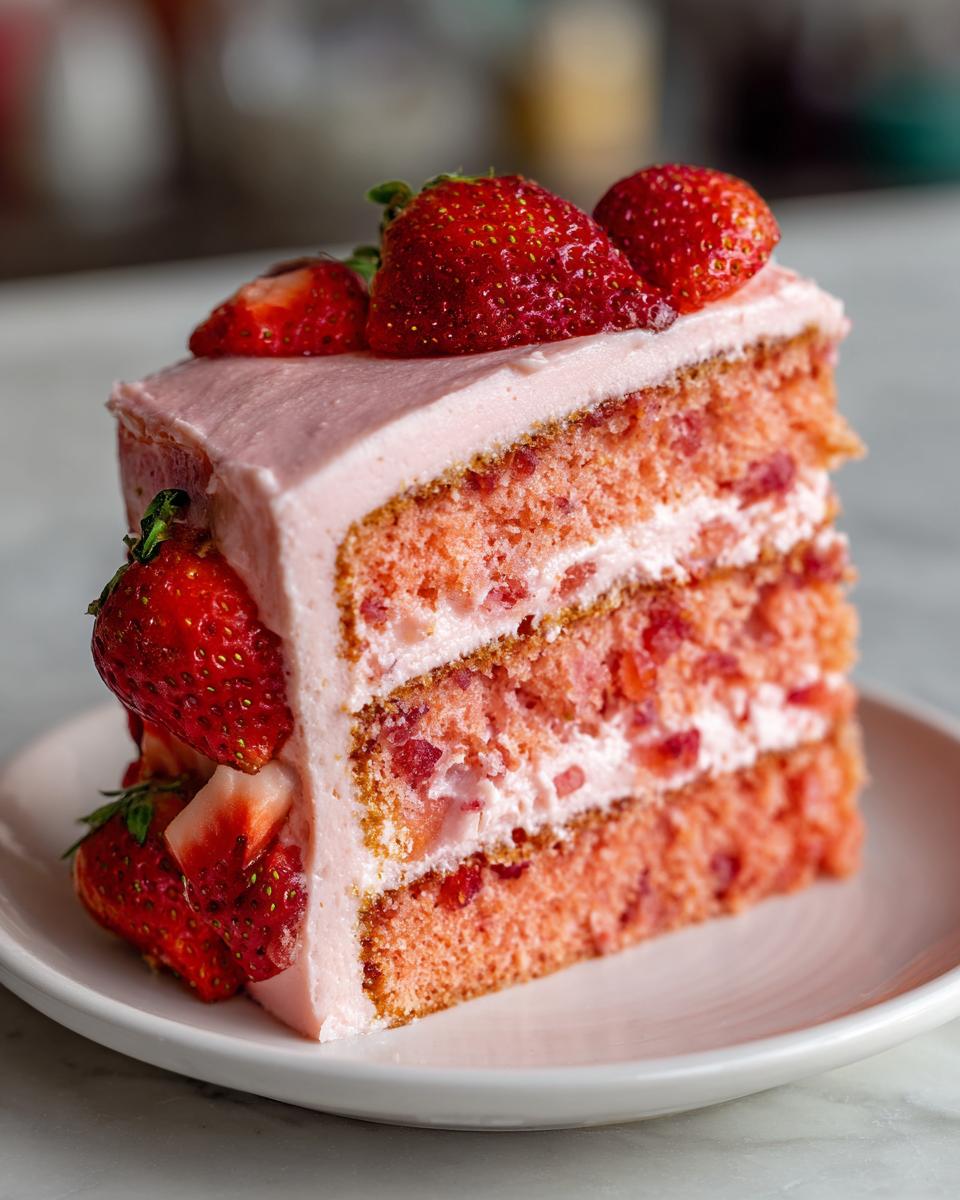 A tall slice of moist strawberry cake with pink frosting and fresh strawberries on top and side.