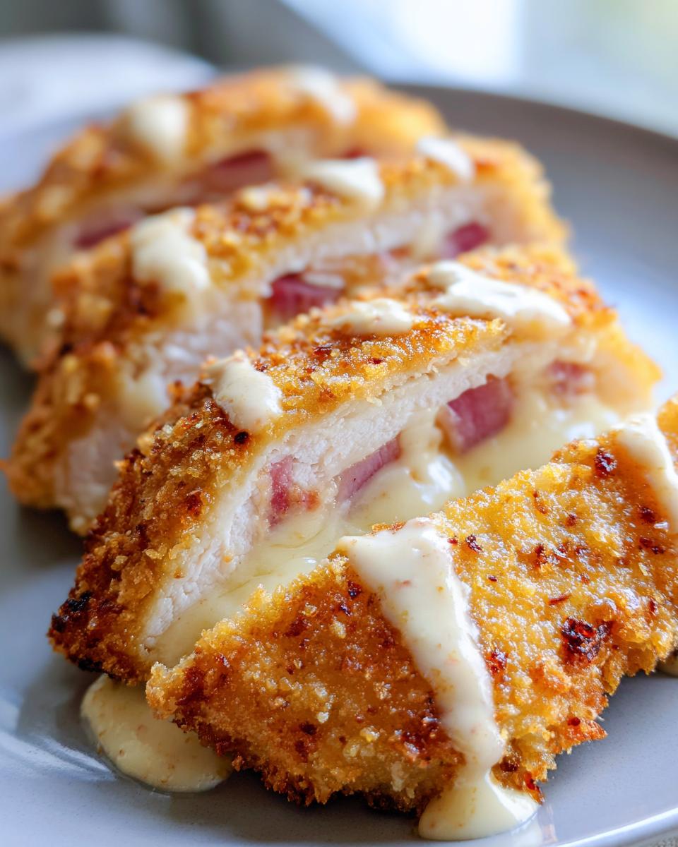 Close-up of sliced chicken cordon bleu showing crispy breading, ham, melted cheese, and a creamy sauce drizzle.