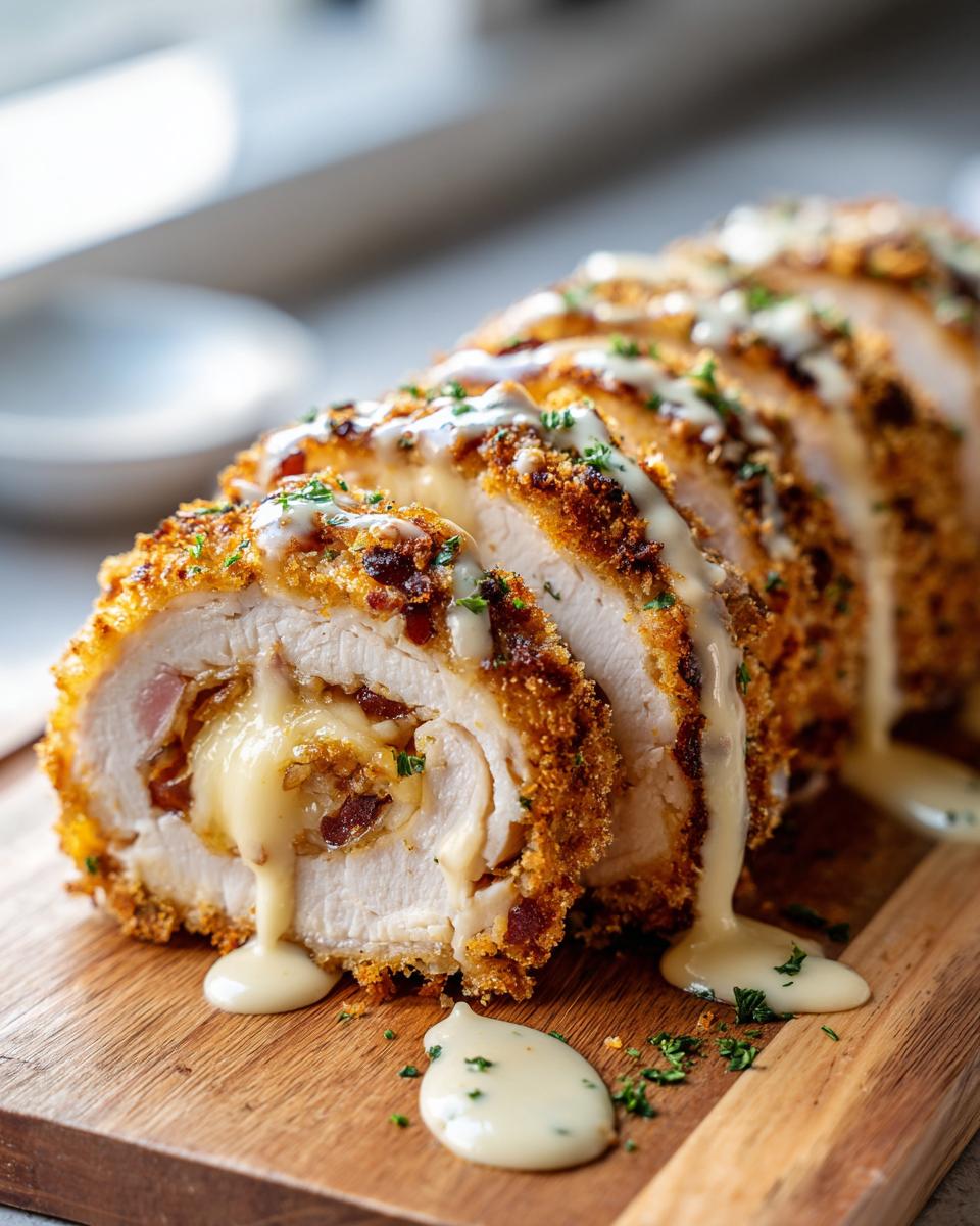 Close-up of sliced, breaded chicken cordon bleu stuffed with ham and oozing cheese, drizzled with sauce.