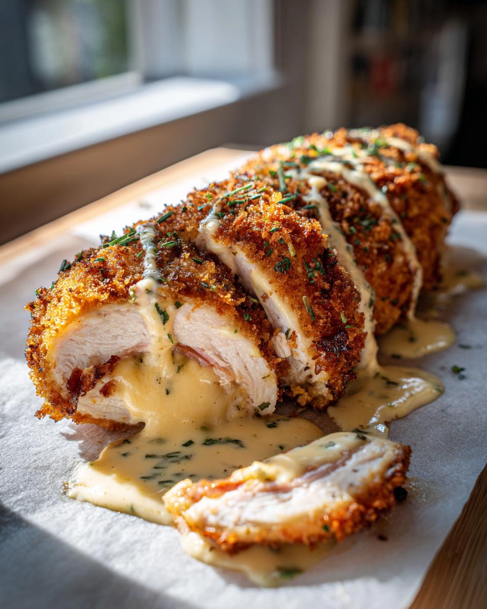 Cross-section of perfectly cooked chicken cordon bleu showing melted cheese and ham oozing out, drizzled with sauce.