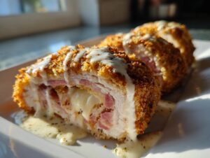 Cross-section of perfectly cooked chicken cordon bleu showing melted cheese and ham filling, drizzled with white sauce.
