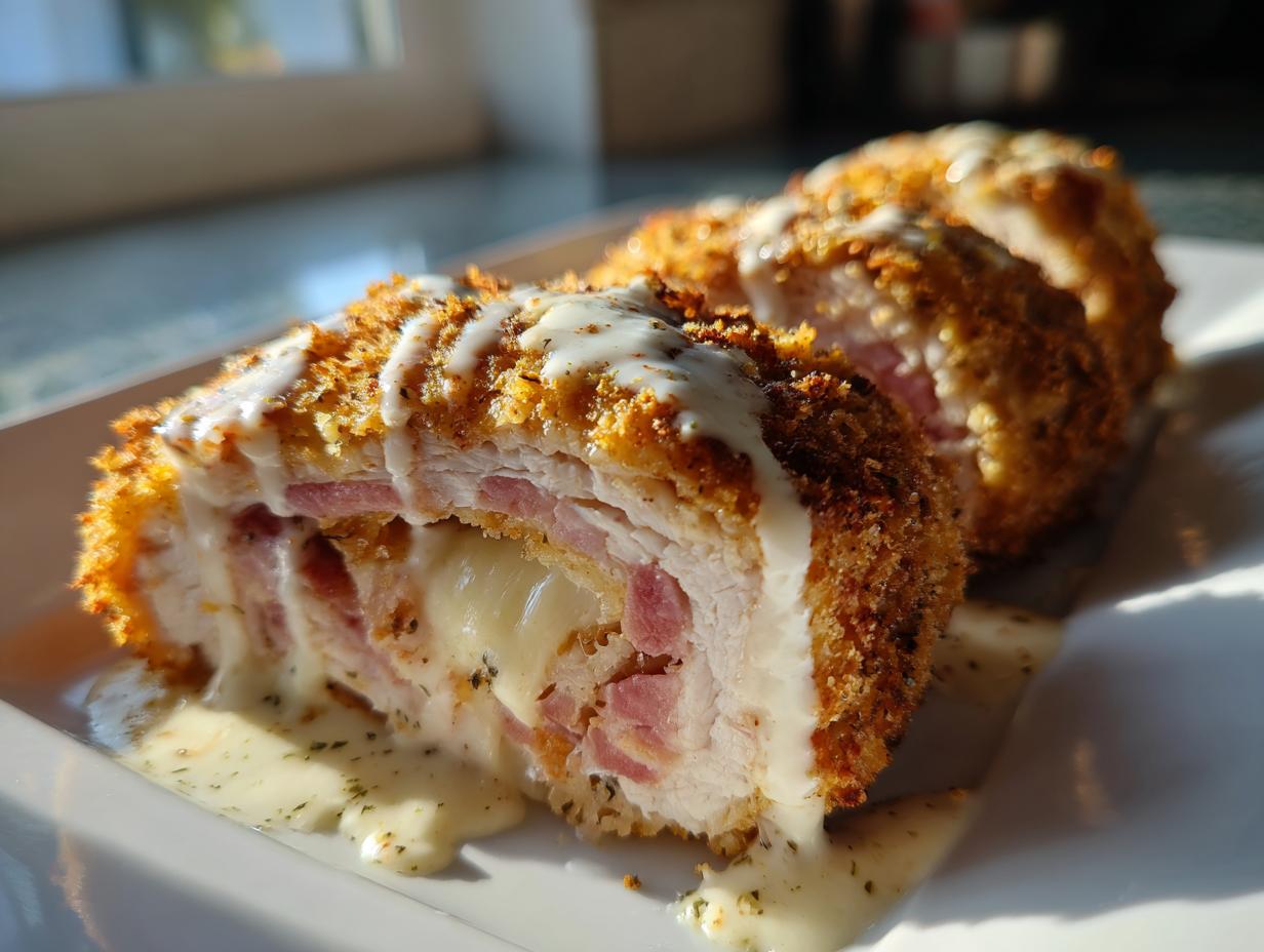 Cross-section of perfectly cooked chicken cordon bleu showing melted cheese and ham filling, drizzled with white sauce.