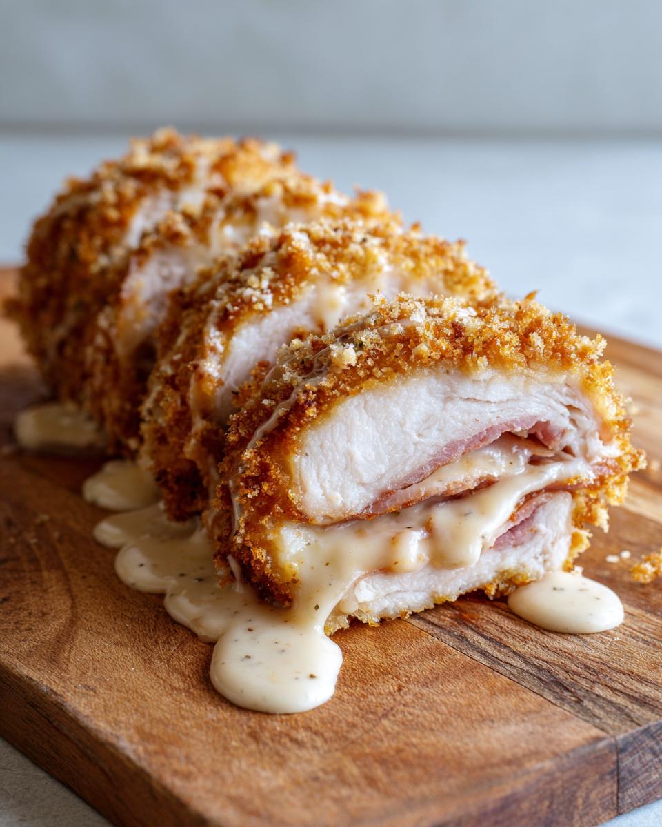 Close-up of sliced, breaded chicken cordon bleu showing ham and melted cheese oozing out, drizzled with sauce.