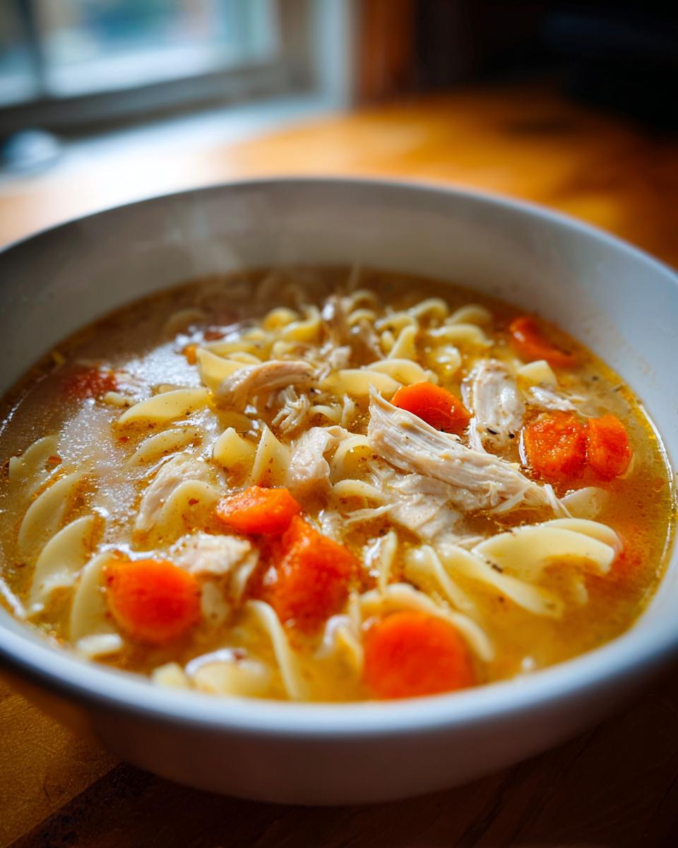 Close-up of a white bowl filled with steaming slow cooker chicken noodle soup, featuring shredded chicken, egg noodles, and bright orange carrots.
