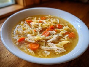 A close-up of a white bowl filled with flavorful slow cooker chicken noodle soup, featuring shredded chicken, egg noodles, and bright orange carrots.