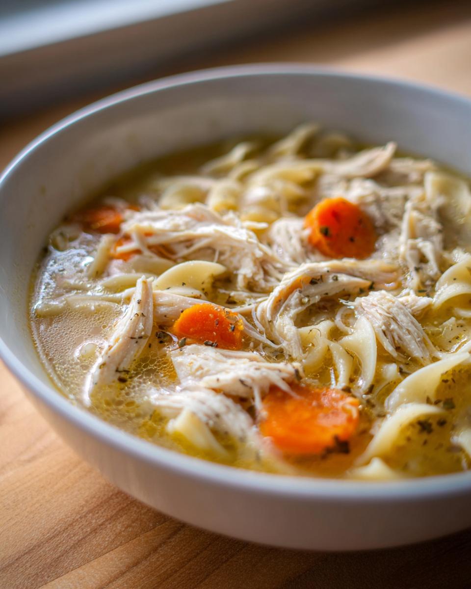 Close-up of a white bowl filled with rich slow cooker chicken noodle soup, featuring shredded chicken, egg noodles, and carrot slices.