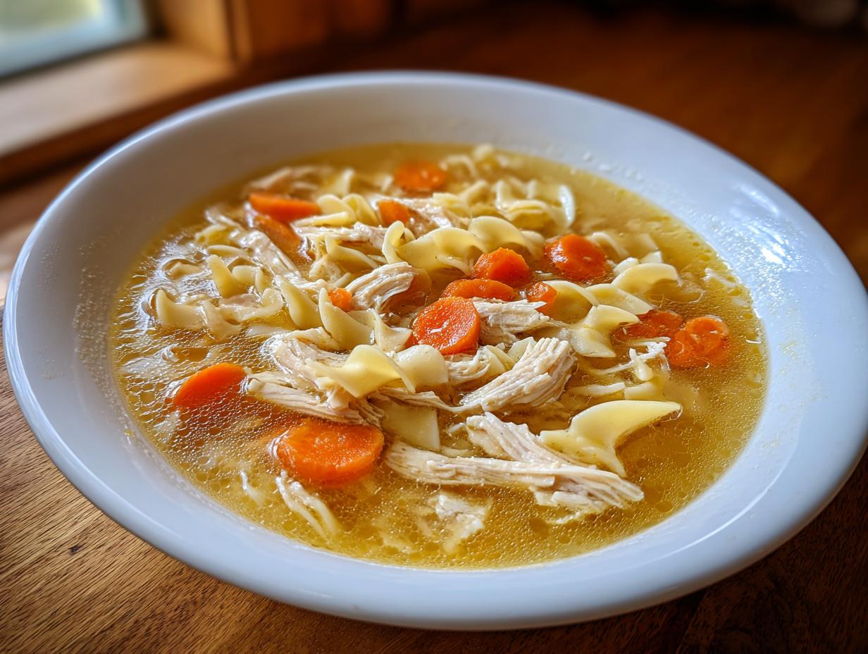 A close-up of a white bowl filled with flavorful slow cooker chicken noodle soup, featuring shredded chicken, egg noodles, and bright orange carrots.