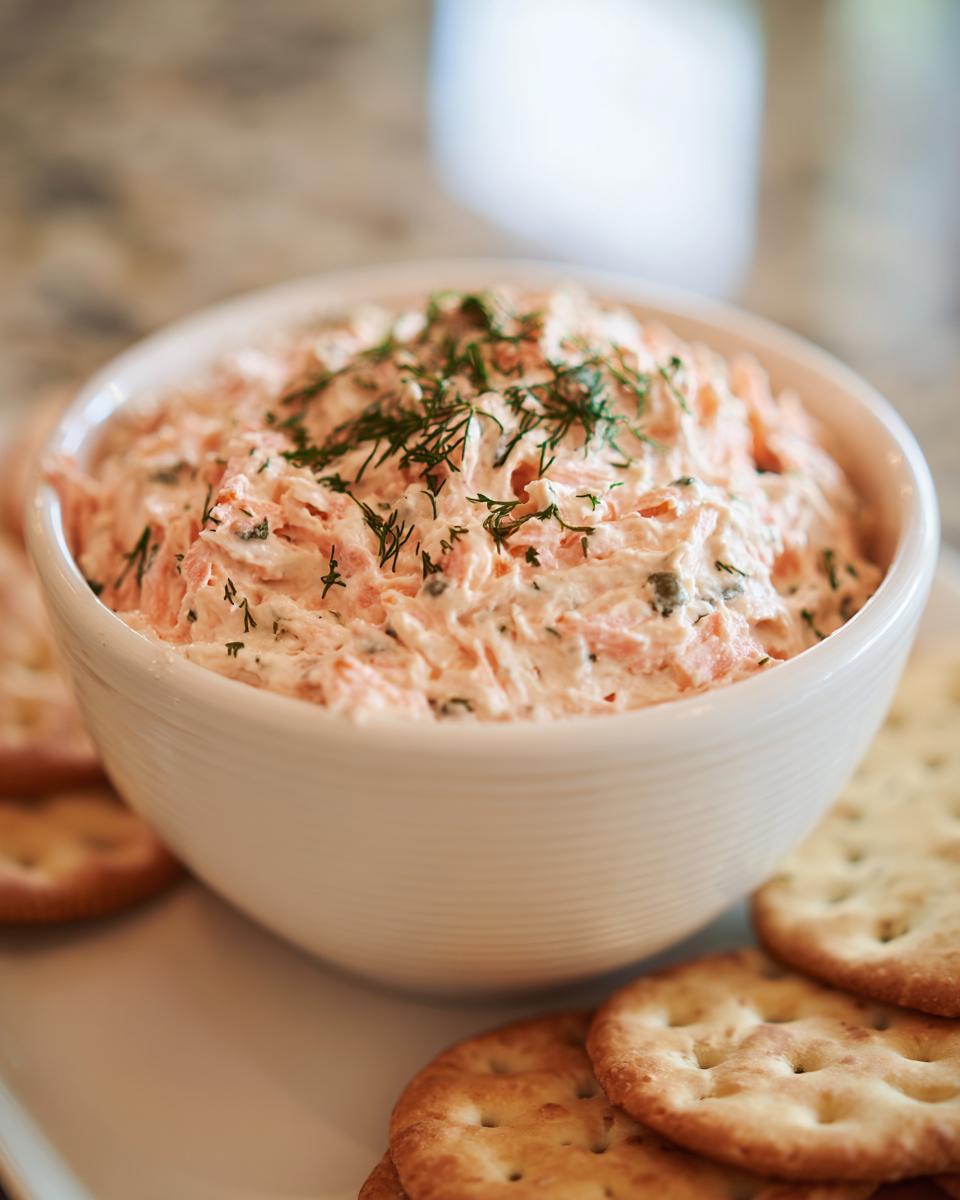 A white bowl filled with creamy smoked salmon dip, garnished with fresh dill, served alongside round crackers.
