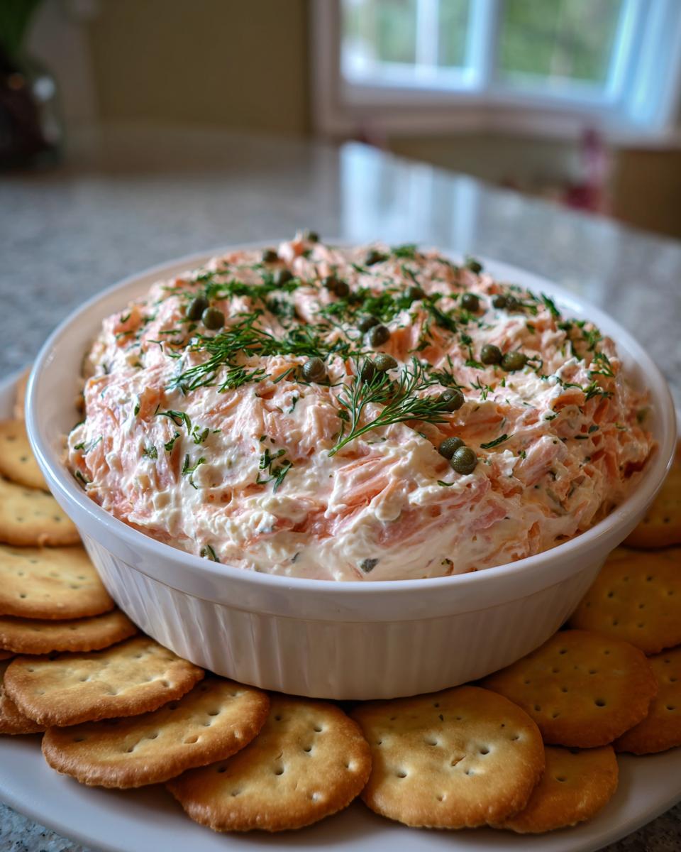 A white bowl filled with creamy smoked salmon dip, garnished with dill and capers, surrounded by crackers.