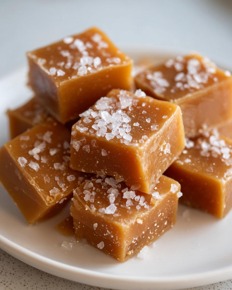 A stack of soft, buttery caramels sprinkled generously with flaky sea salt.