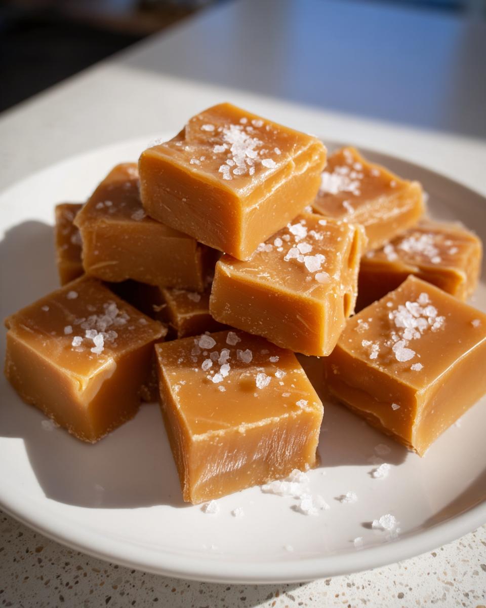 A stack of soft, buttery caramels sprinkled with flaky sea salt, ready to eat.