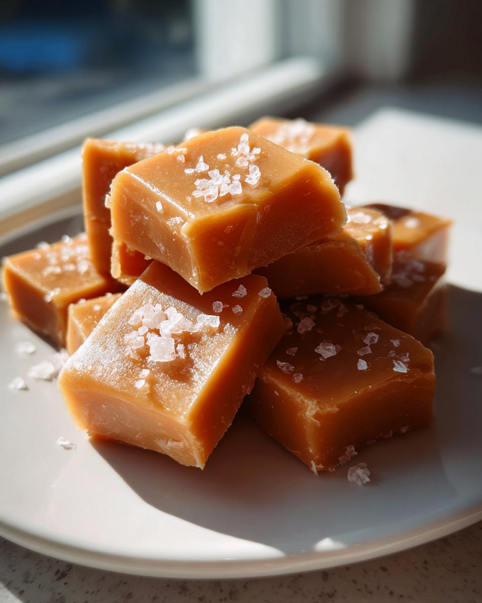 A stack of soft, buttery caramels topped with flaky sea salt, sitting on a light-colored plate.