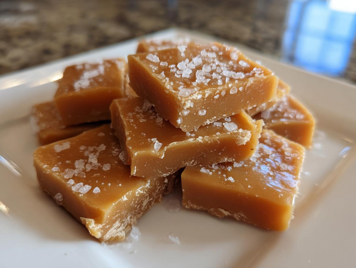 Close-up of soft, buttery caramels sprinkled with coarse sea salt, stacked on a white serving plate.