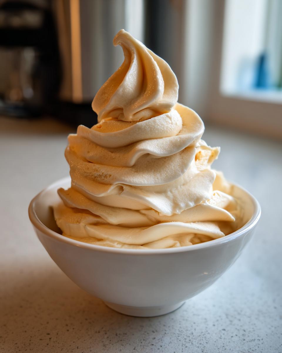 A tall swirl of creamy, pale yellow banana ice cream served in a small white bowl.