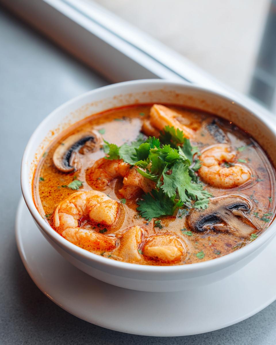 A vibrant bowl of spicy tom yum soup featuring large shrimp and sliced mushrooms, garnished with fresh cilantro.