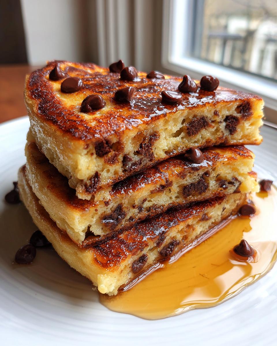 A tall stack of three thick chocolate chip pancakes drizzled with syrup and topped with chocolate chips.