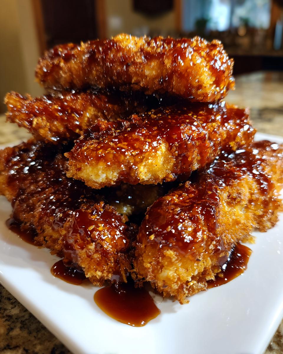 A stack of crispy, golden hot honey chicken tenders generously coated in a thick, glossy, dark glaze.