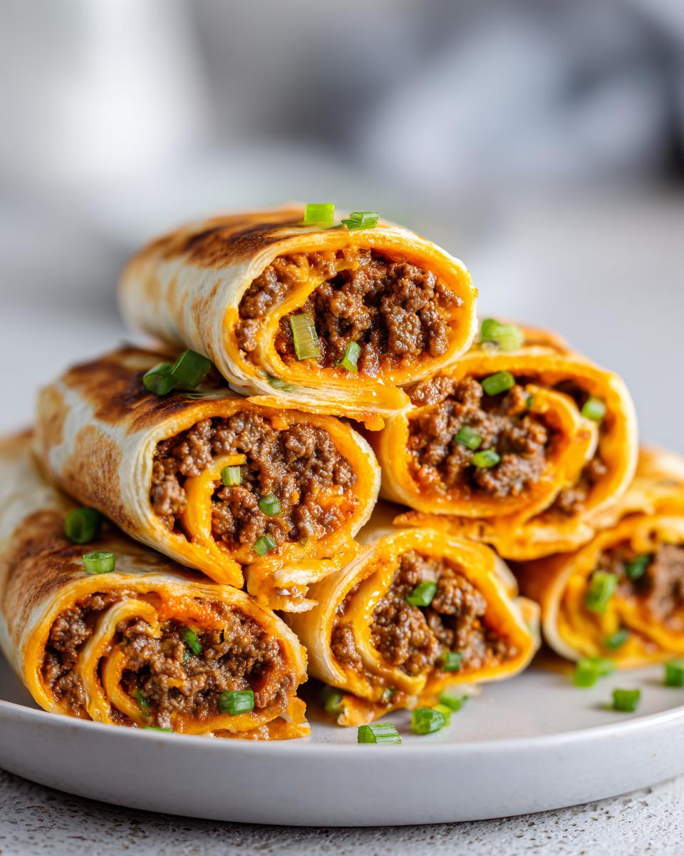 A stack of golden-brown taco pinwheels filled with seasoned ground beef and melted cheese, garnished with fresh green onions.
