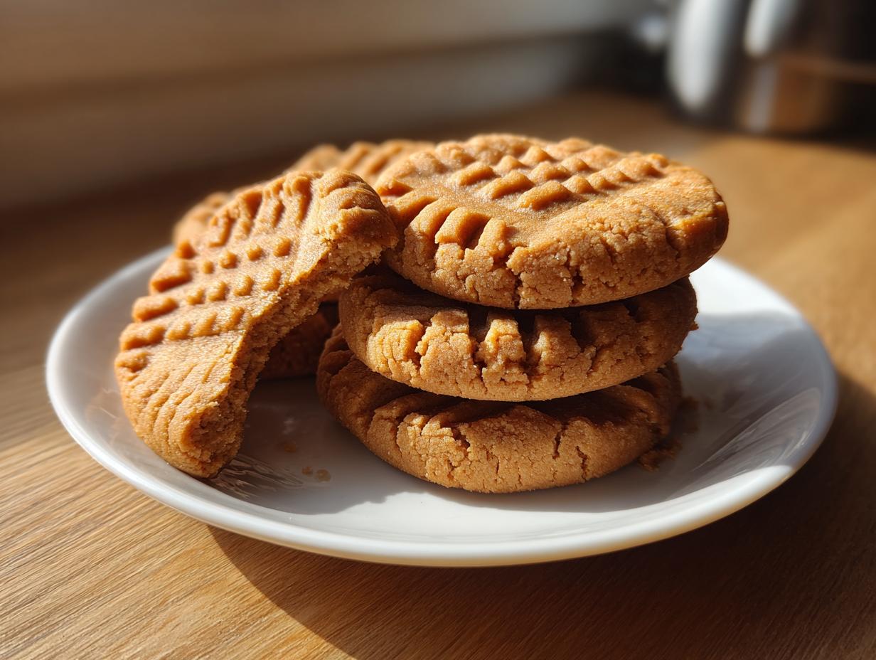 A stack of four golden brown peanut butter cookies with classic crosshatch fork marks, one cookie is broken open.