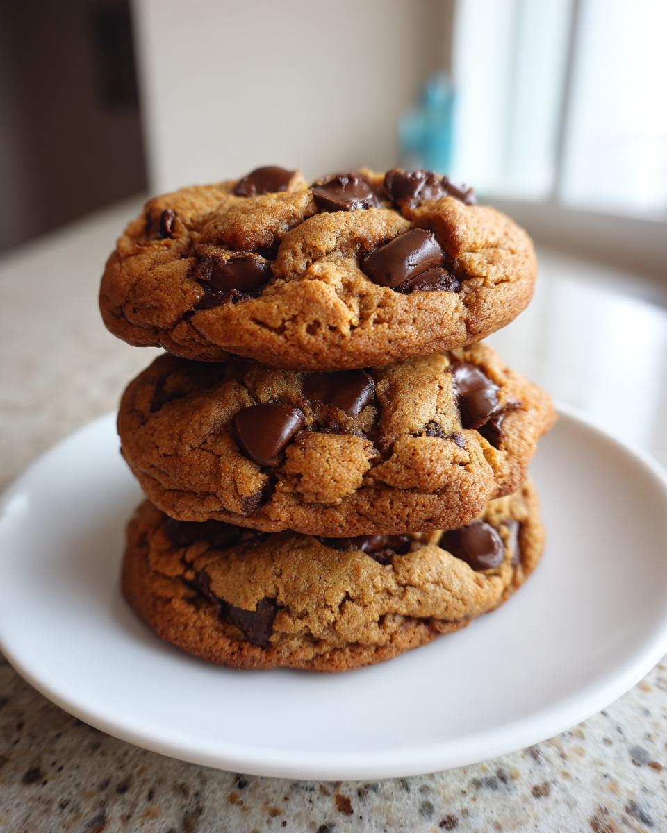 A stack of three thick, chewy vegan chocolate chip cookies loaded with melted chocolate chunks on a white plate.