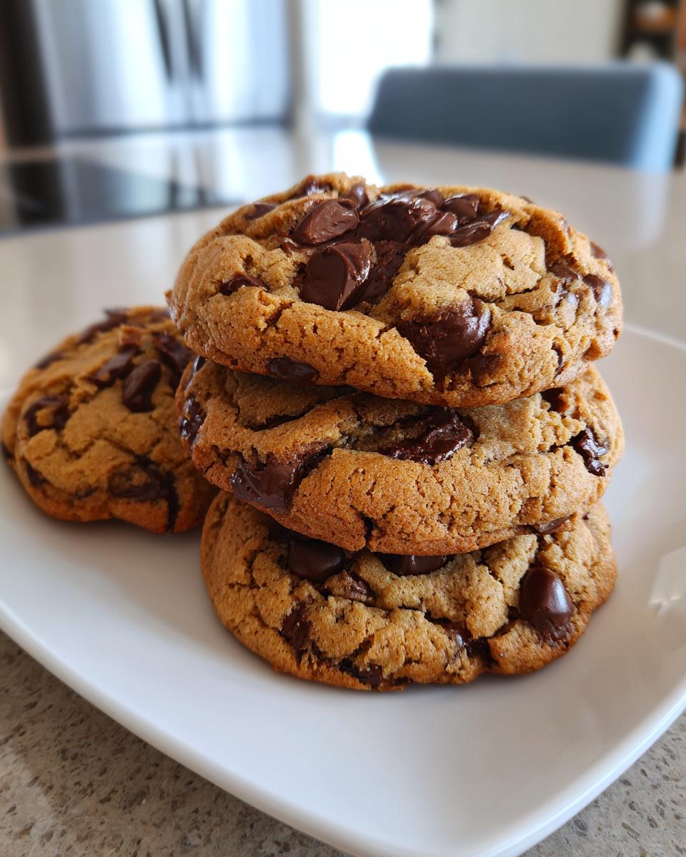 A stack of three thick, chewy vegan chocolate chip cookies loaded with melted chocolate chunks, served on a white plate.