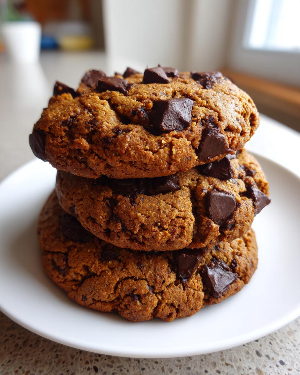A close-up stack of three thick, golden-brown vegan chocolate chip cookies loaded with dark chocolate chunks.