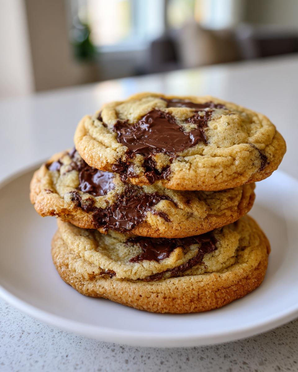 Three perfectly baked vegan chocolate chip cookies stacked on a white plate with melted chocolate centers.