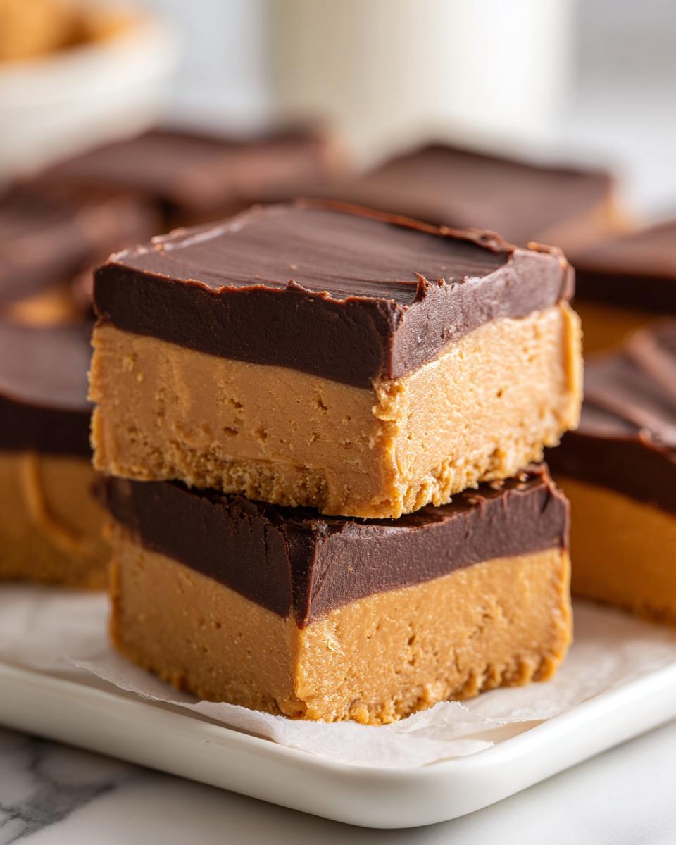 Two stacked squares of rich buckeye fudge featuring a thick peanut butter layer topped with smooth chocolate ganache.