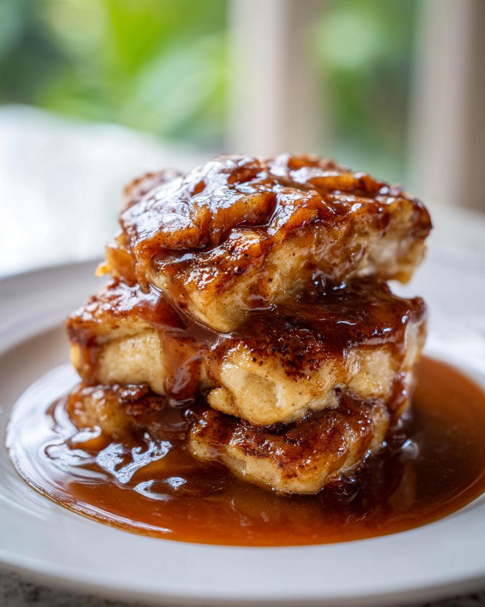 Close-up of three stacked, golden apple dumpling pieces drenched in thick, rich caramel sauce.