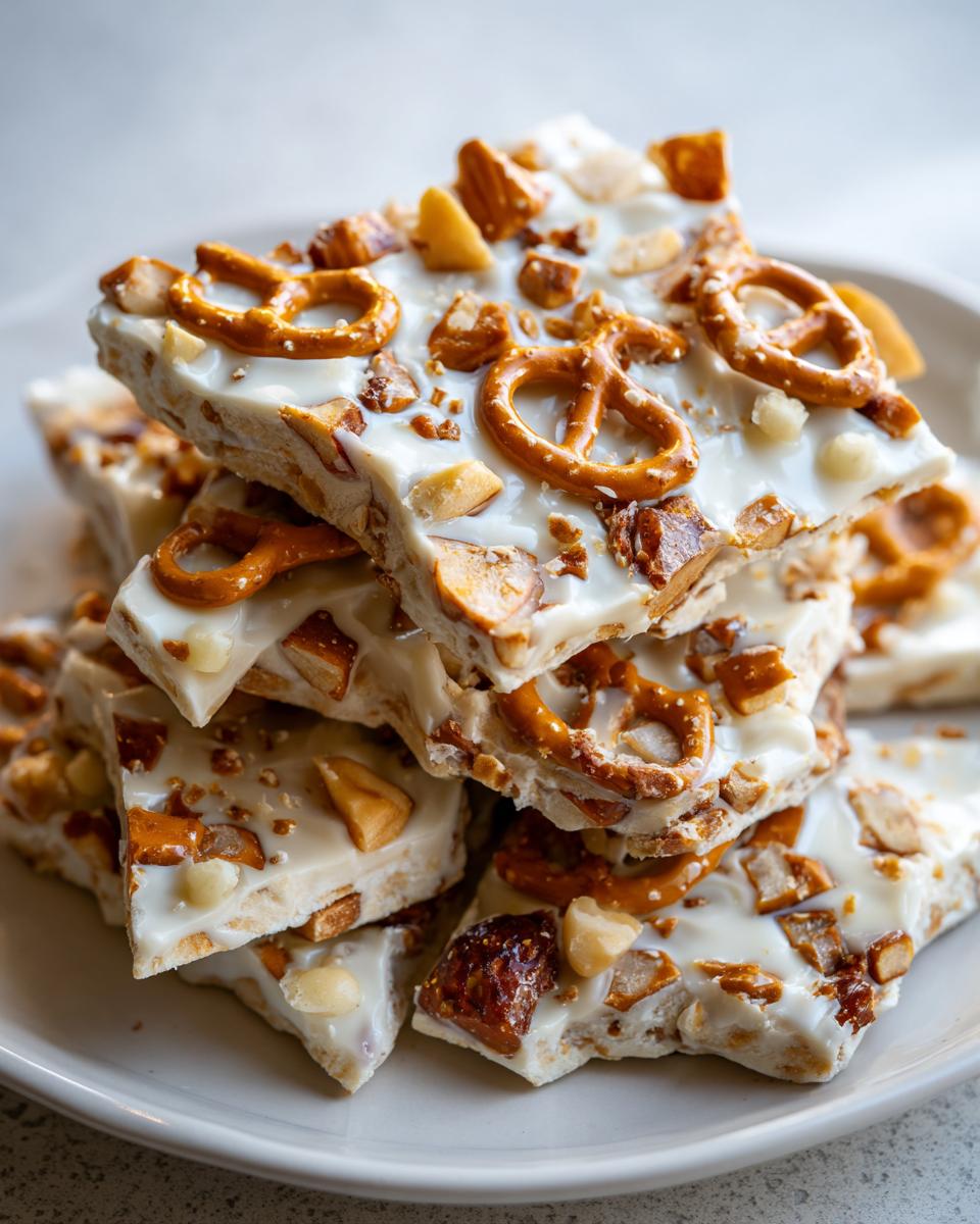 A stack of broken pieces of white chocolate peanut butter pretzel bark topped with mini pretzels and nuts.