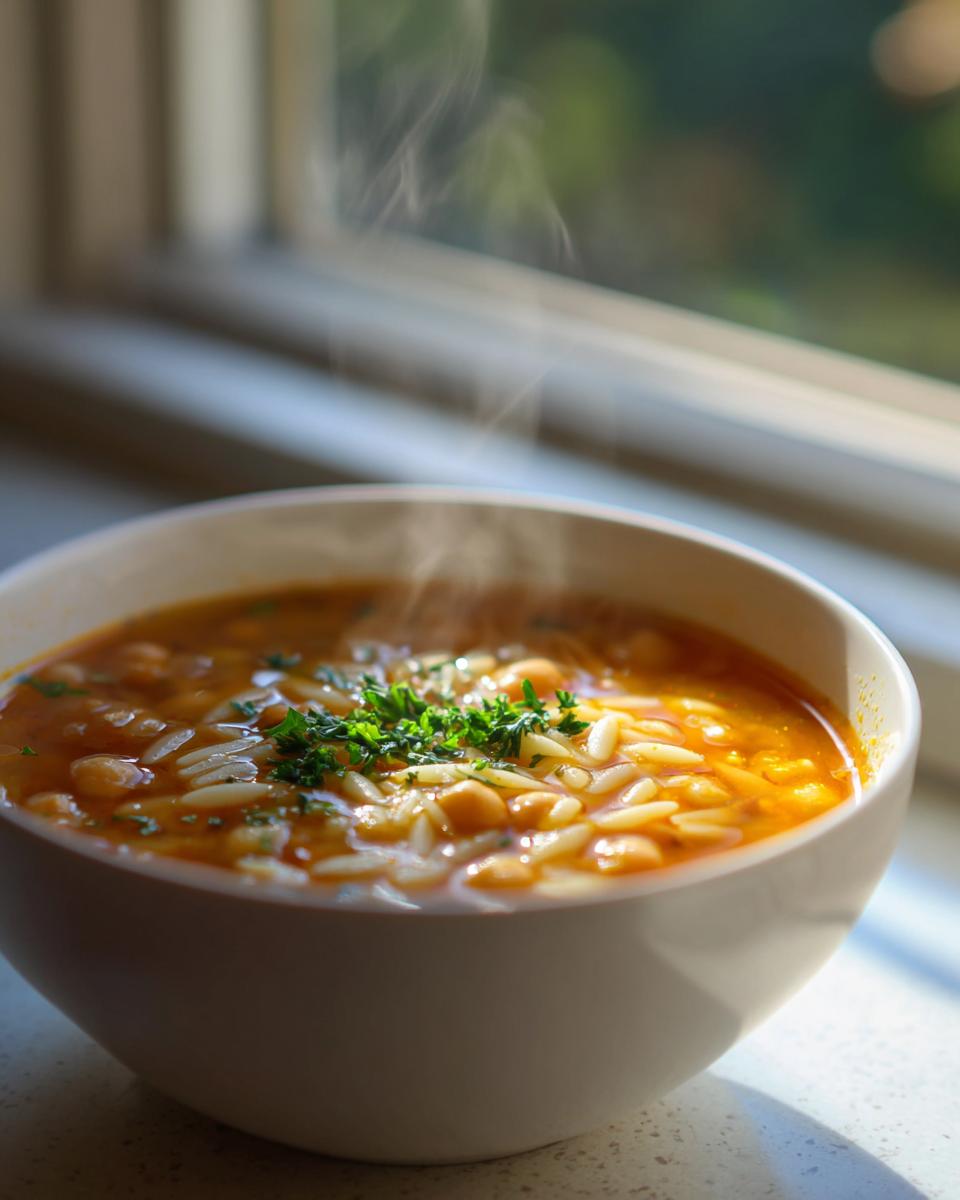 A steaming white bowl filled with rich, orange-colored chickpea soup, pasta, and fresh parsley garnish.