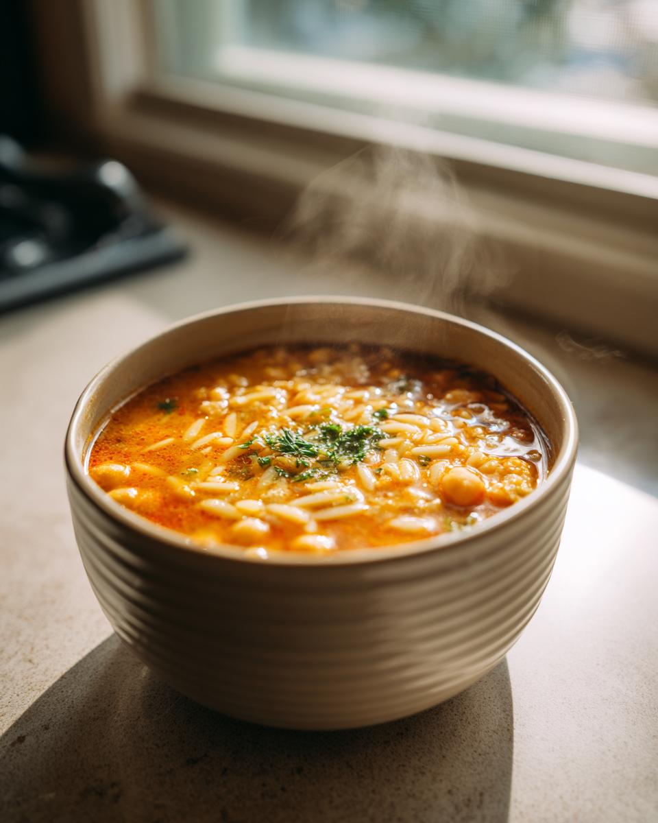 A close-up of a steaming bowl of bright orange chickpea soup filled with orzo pasta and garnished with fresh herbs.