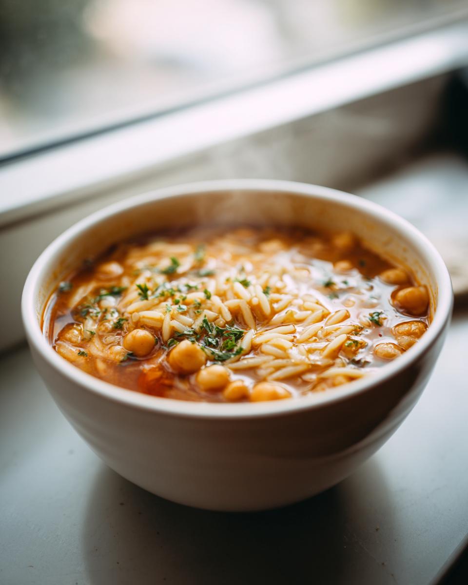 Close-up of a steaming white bowl filled with rich chickpea soup, featuring chickpeas and orzo pasta, garnished with parsley.