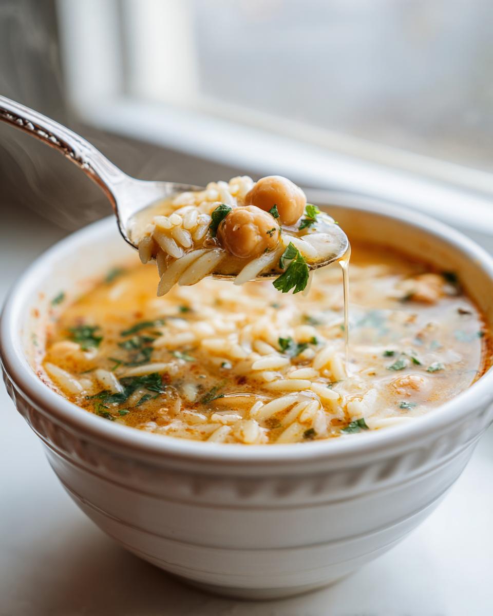 A spoonful of hot chickpea soup with orzo pasta and chickpeas being lifted from a white bowl.