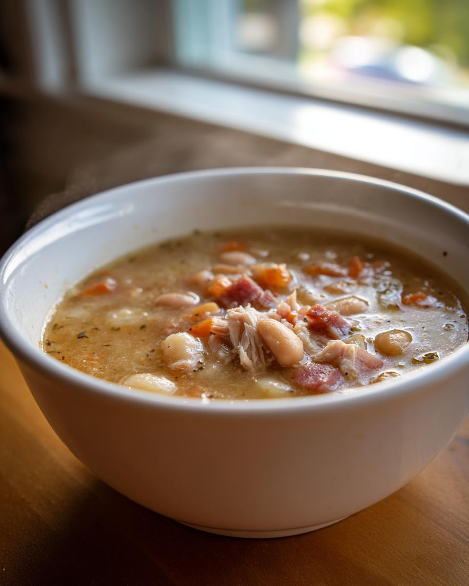 Close-up of a steaming white bowl filled with hearty navy bean soup, featuring white beans, shredded meat, and carrots.