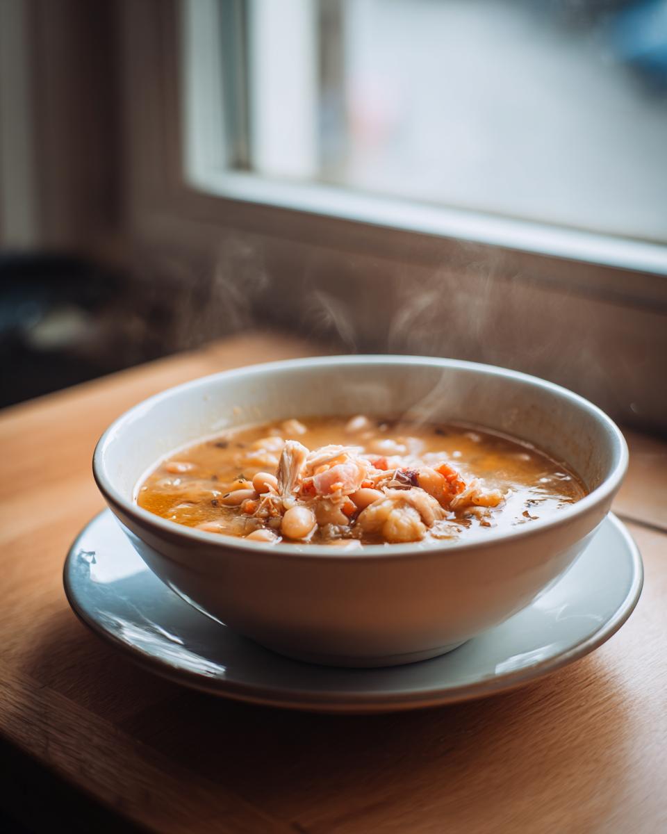 A steaming bowl of savory navy bean soup with visible beans and shredded meat, set on a wooden table near a window.