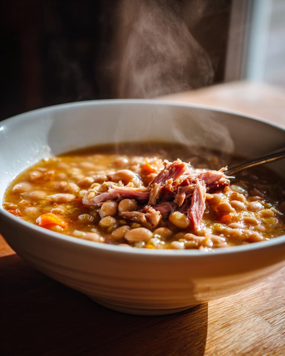 Close-up of a steaming white bowl filled with hearty navy bean soup topped with shredded ham.